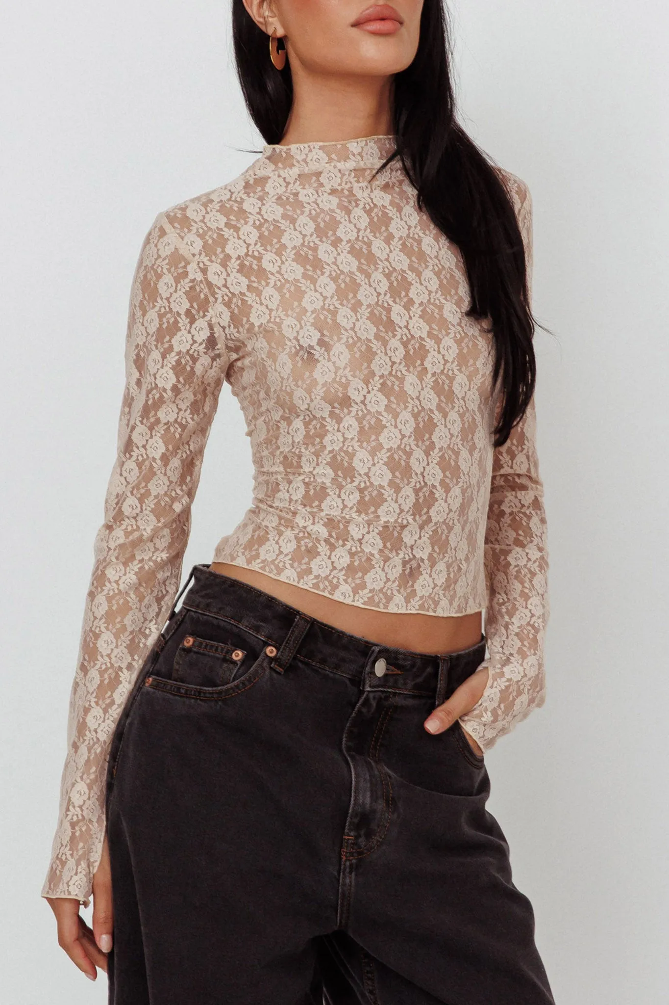 A La Mode Long Sleeve Lace Top Taupe