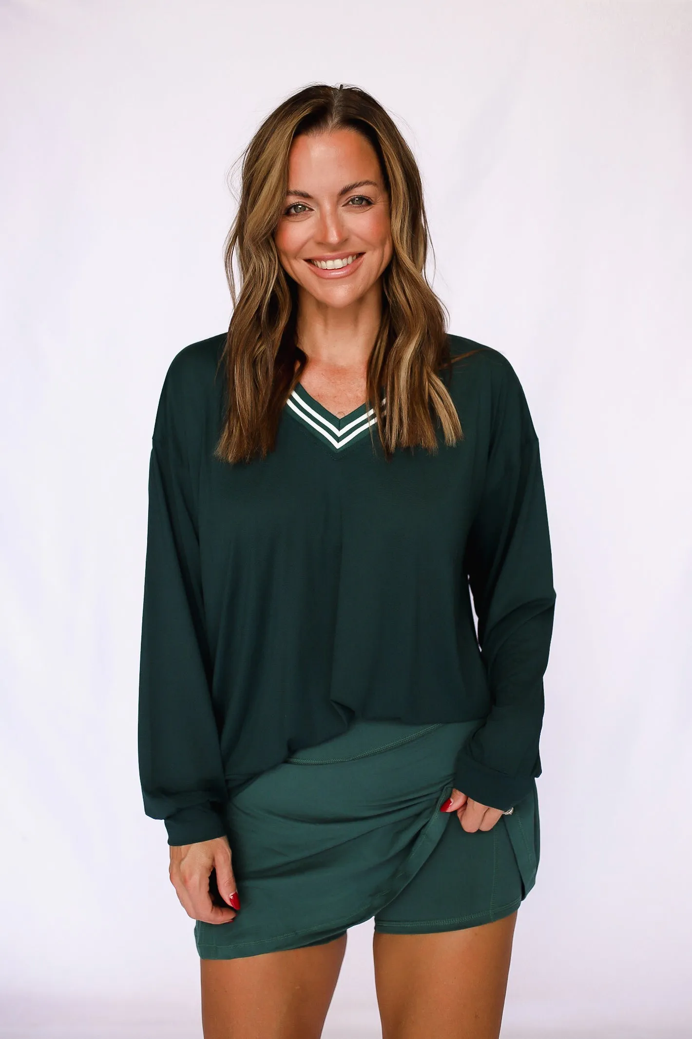 All Out Comfort V-Neck Pullover in Midnight Green