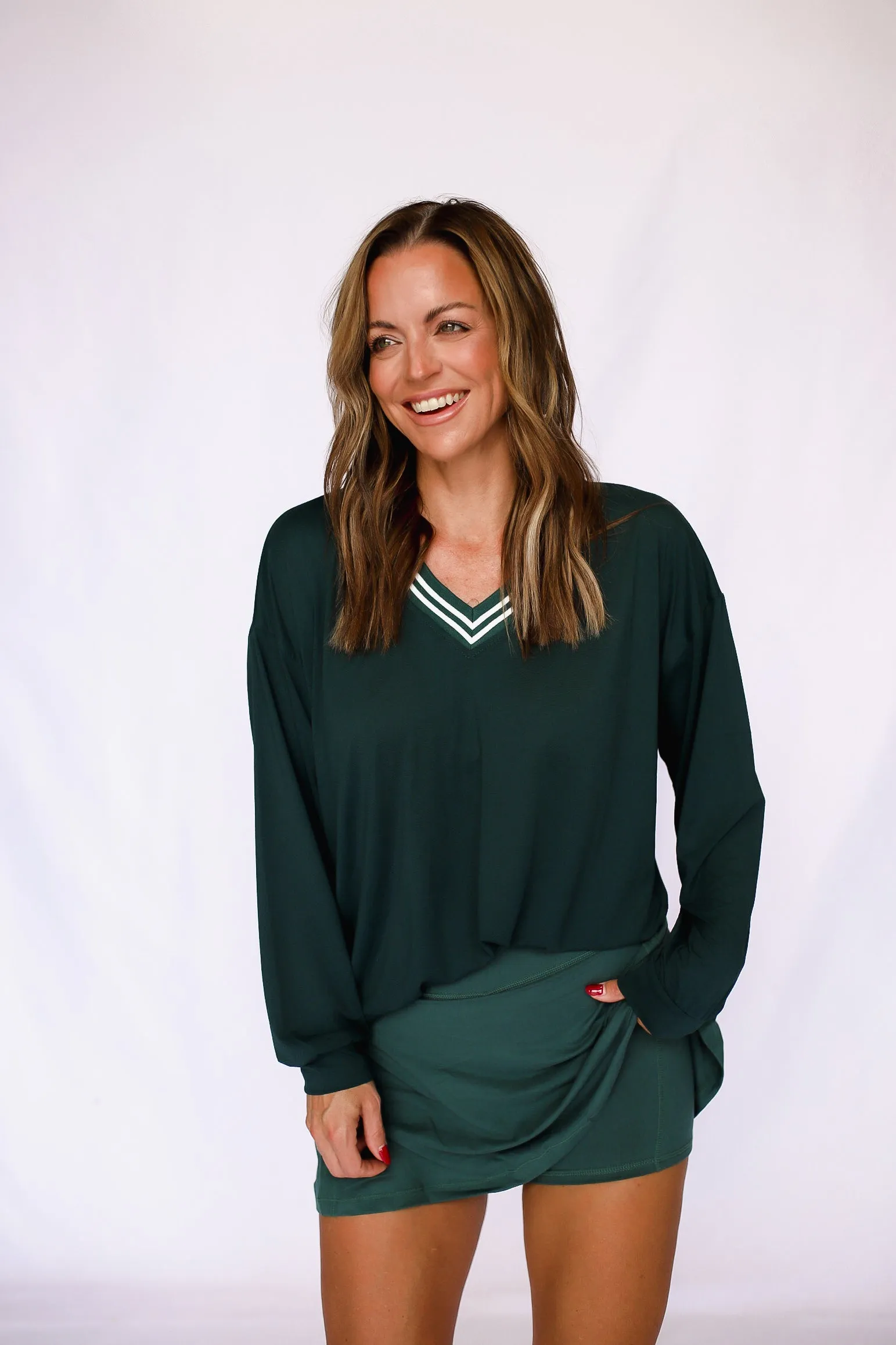 All Out Comfort V-Neck Pullover in Midnight Green