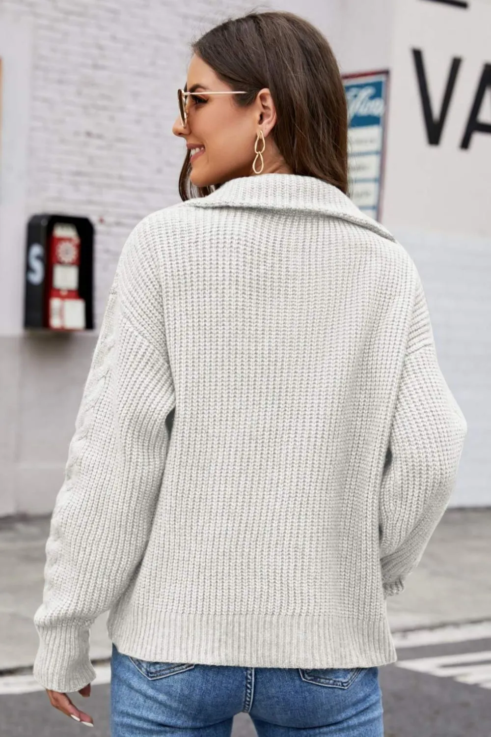 *App Exclusive* Half Zip Mixed Knit Collared Sweater