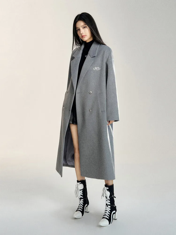 Black & Gray Double-Breasted Long Wool Coat