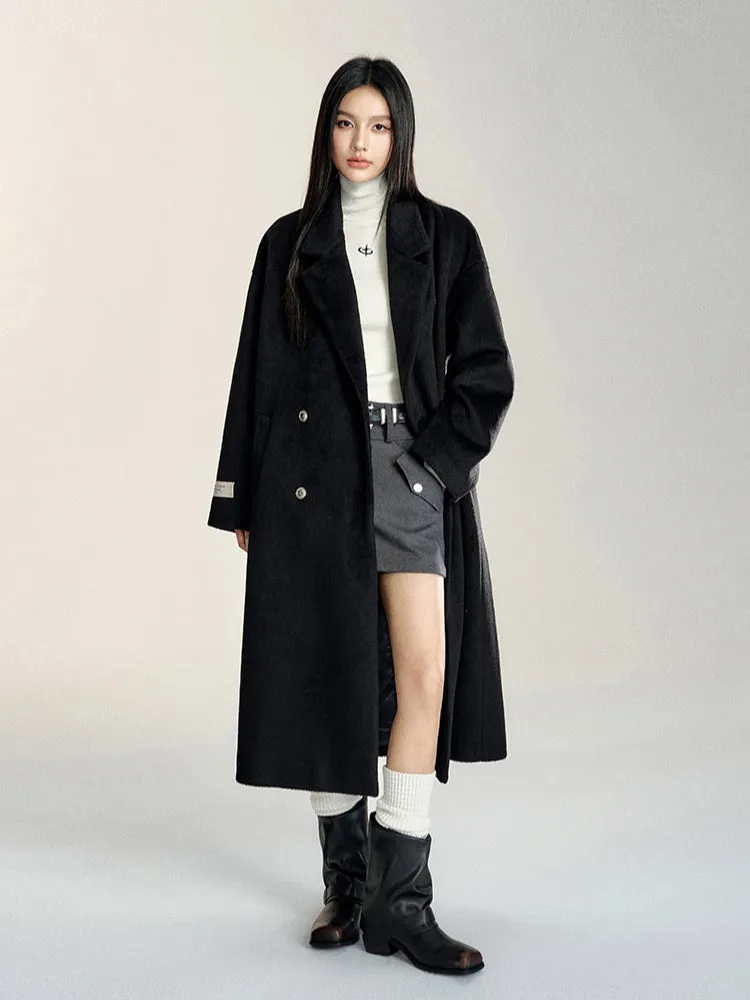 Black & Gray Double-Breasted Long Wool Coat