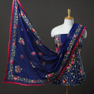 Blue - 3pc Hand Embroidery Chanderi Silk Phulkari Dress Material 91