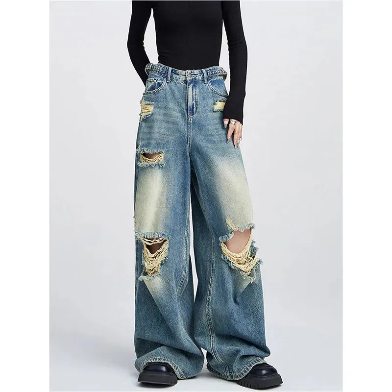 Blue Ripped Wide Leg Pants - Summer American Retro Style