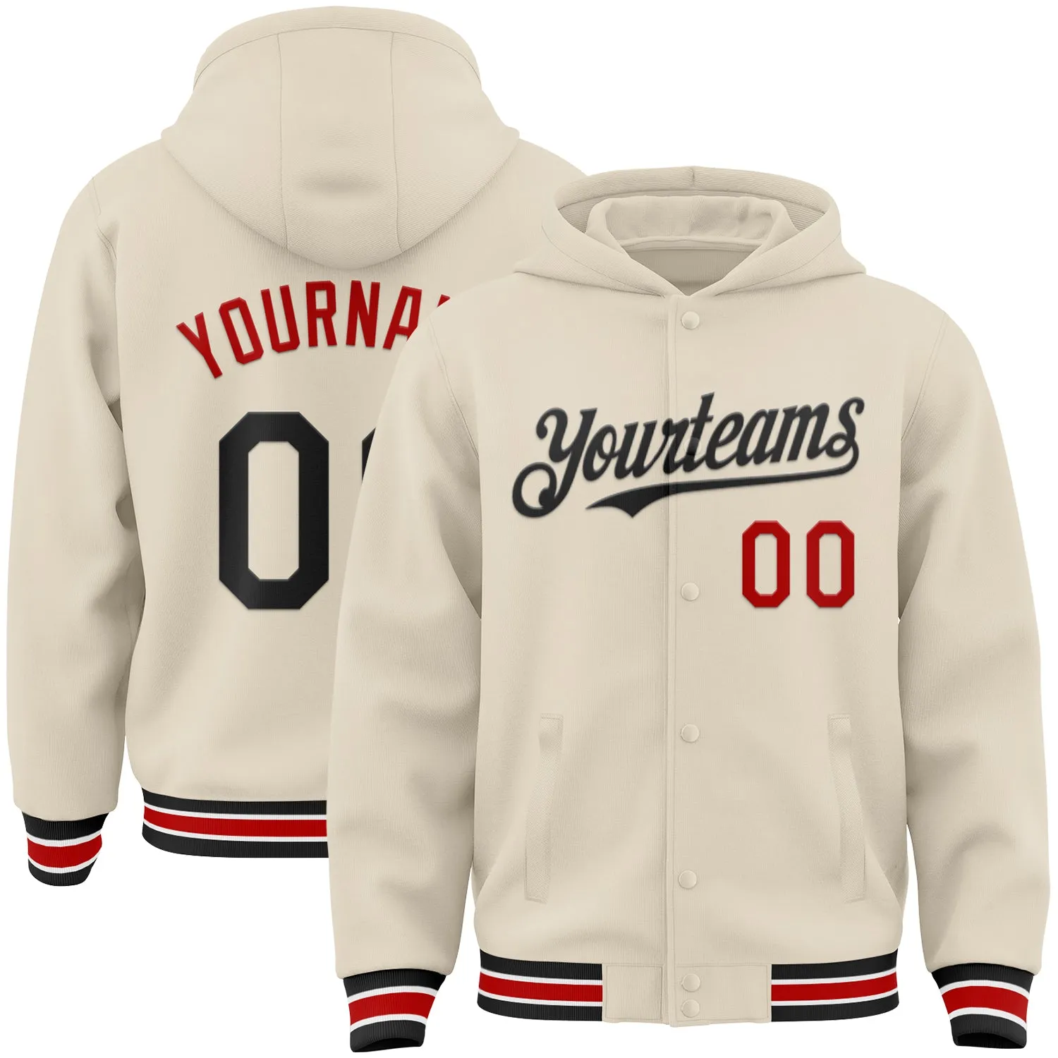 Custom Cream Black Red-White Bomber Full-Snap Varsity Letterman Hoodie Jacket