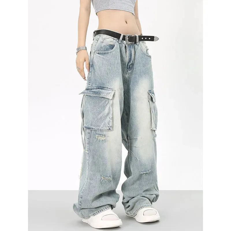 Denim Waist Fashion Leg Straight Wide Blue Streetwear High Baggy Vintage Jeans