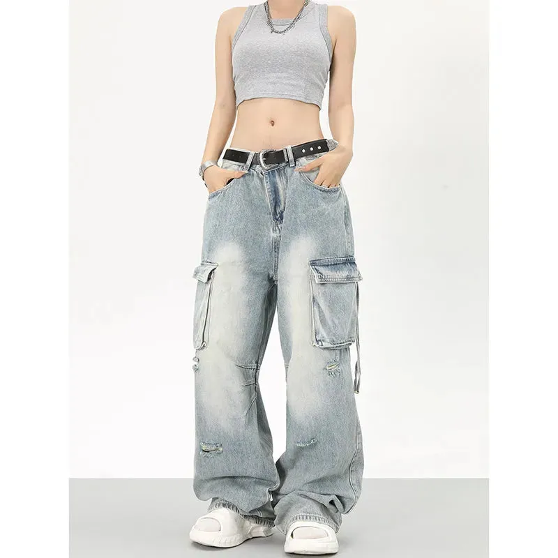 Denim Waist Fashion Leg Straight Wide Blue Streetwear High Baggy Vintage Jeans