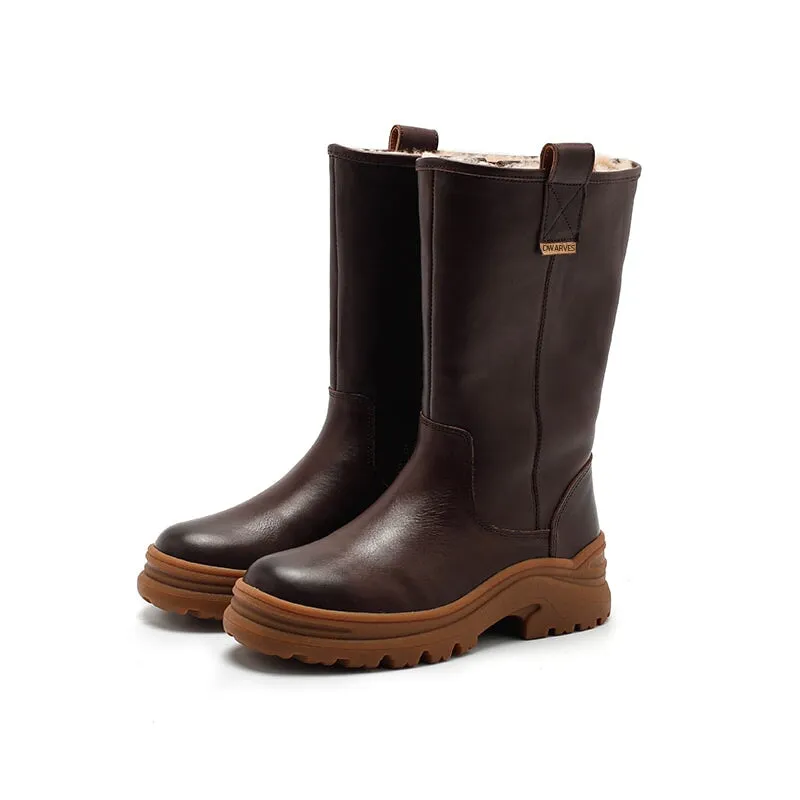 Dwarves Leather Mid Calf Boots Snow Boots Have Shearling Lined for Cold Winter in Black/Brown/Coffee