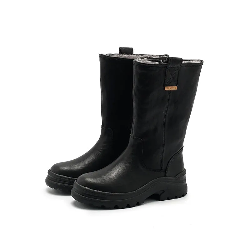 Dwarves Leather Mid Calf Boots Snow Boots Have Shearling Lined for Cold Winter in Black/Brown/Coffee