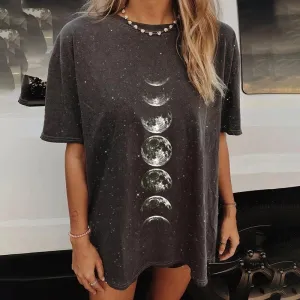 Fashion printed moon pattern loose round neck t-shirt