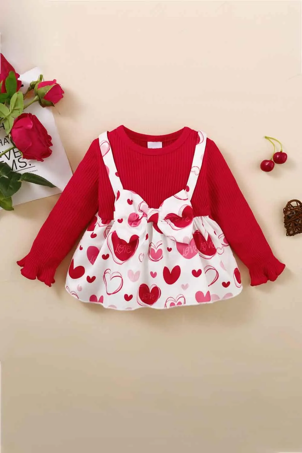 GIRLS HEART PRINT BOW DETAIL SWEATER AND FLARE PANTS SET