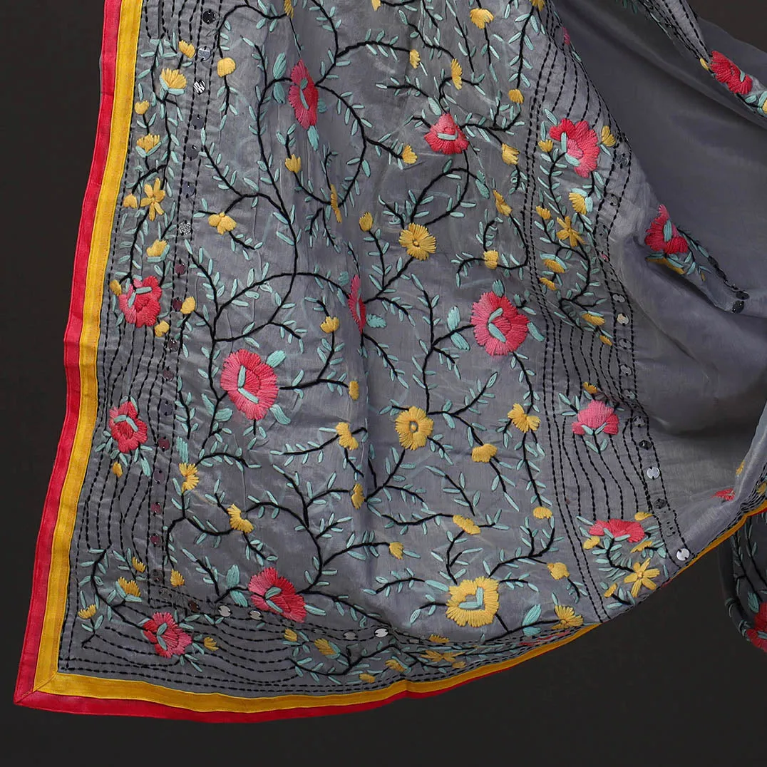 Grey - 3pc Hand Embroidery Chanderi Silk Phulkari Dress Material 56