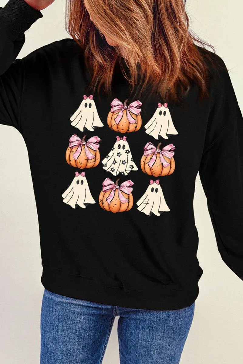 Halloween Black Bowknot Ghost Pumpkin Graphic Sweatshirt