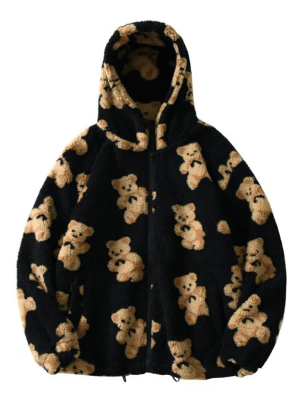 Ladies Hooded Thick Casual Cartoon Pattern Bear Zipper Pocket Plush Sweater