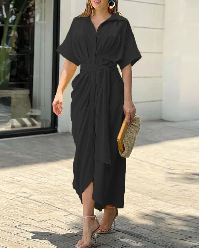 Lapel Short Sleeve Single Breasted Shirt Dress