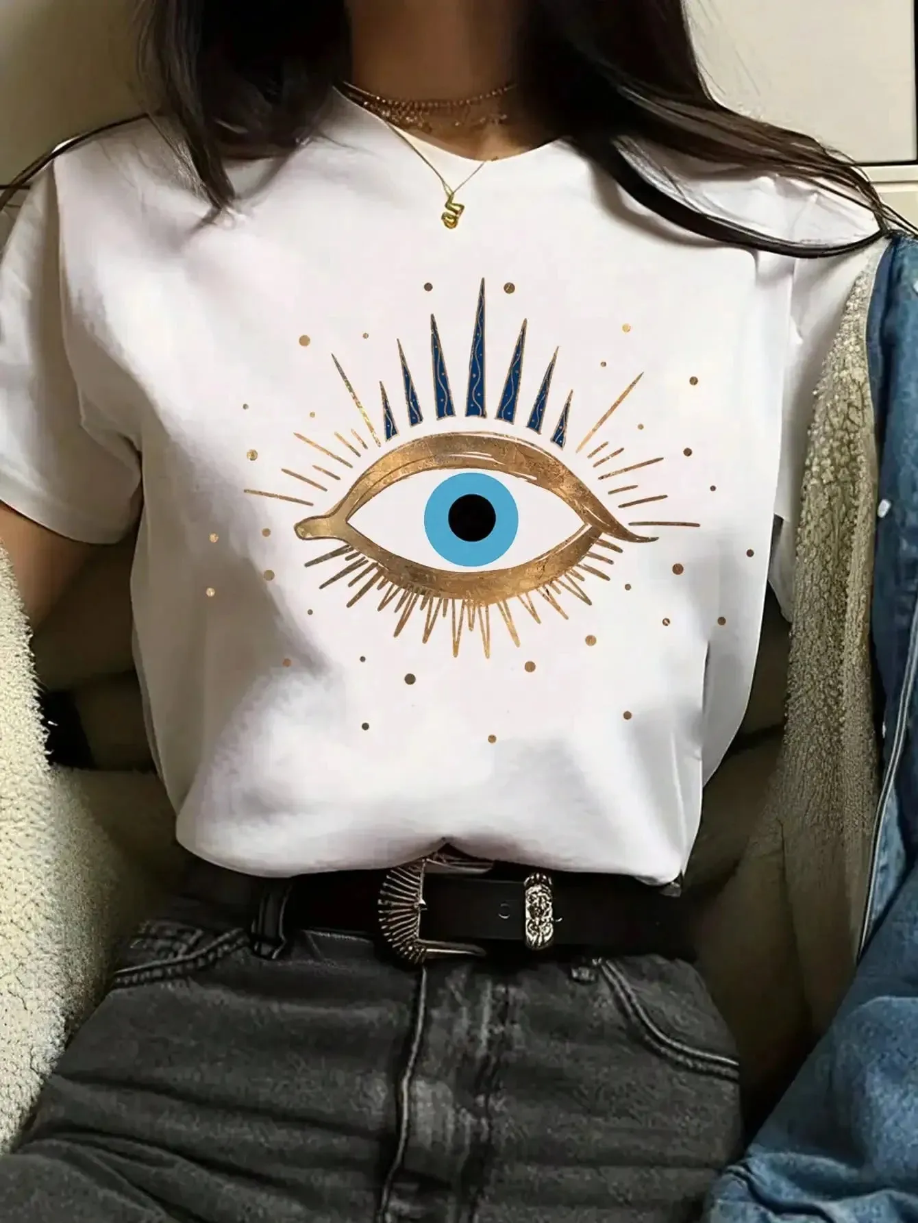 LVSANW Devil's Eye Printed Tee Shirts 100% Cotton Womens Crop T-shirts O-Neck Short Sleeves Casual Loose Clothes Fashion Female Tops