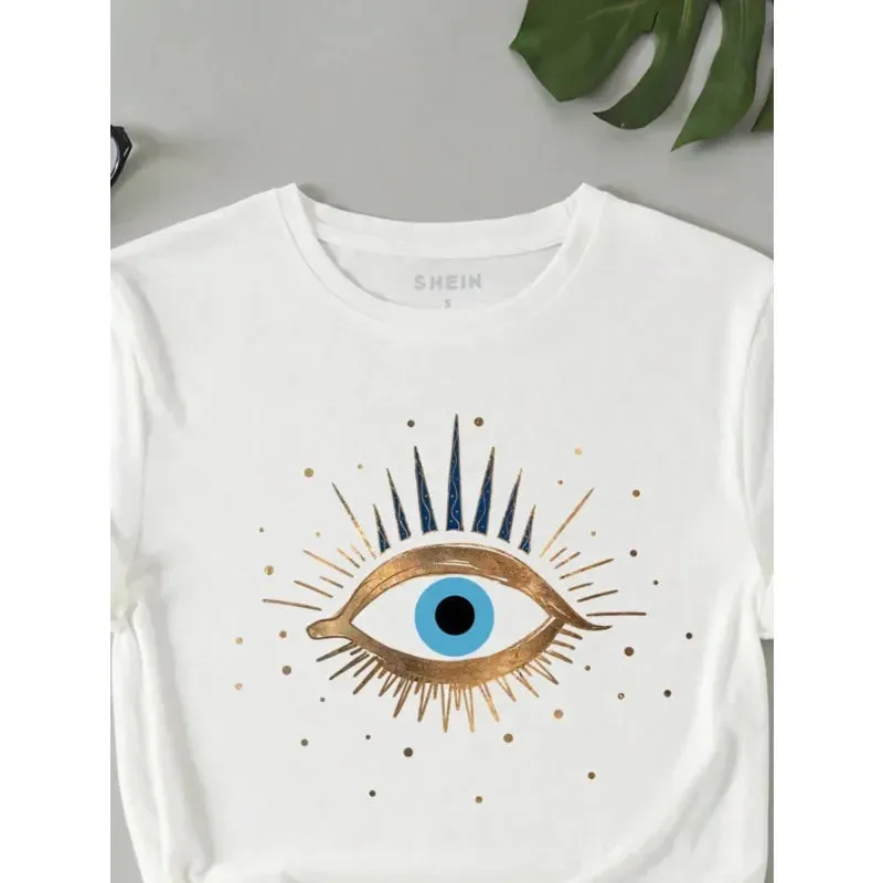 LVSANW Devil's Eye Printed Tee Shirts 100% Cotton Womens Crop T-shirts O-Neck Short Sleeves Casual Loose Clothes Fashion Female Tops