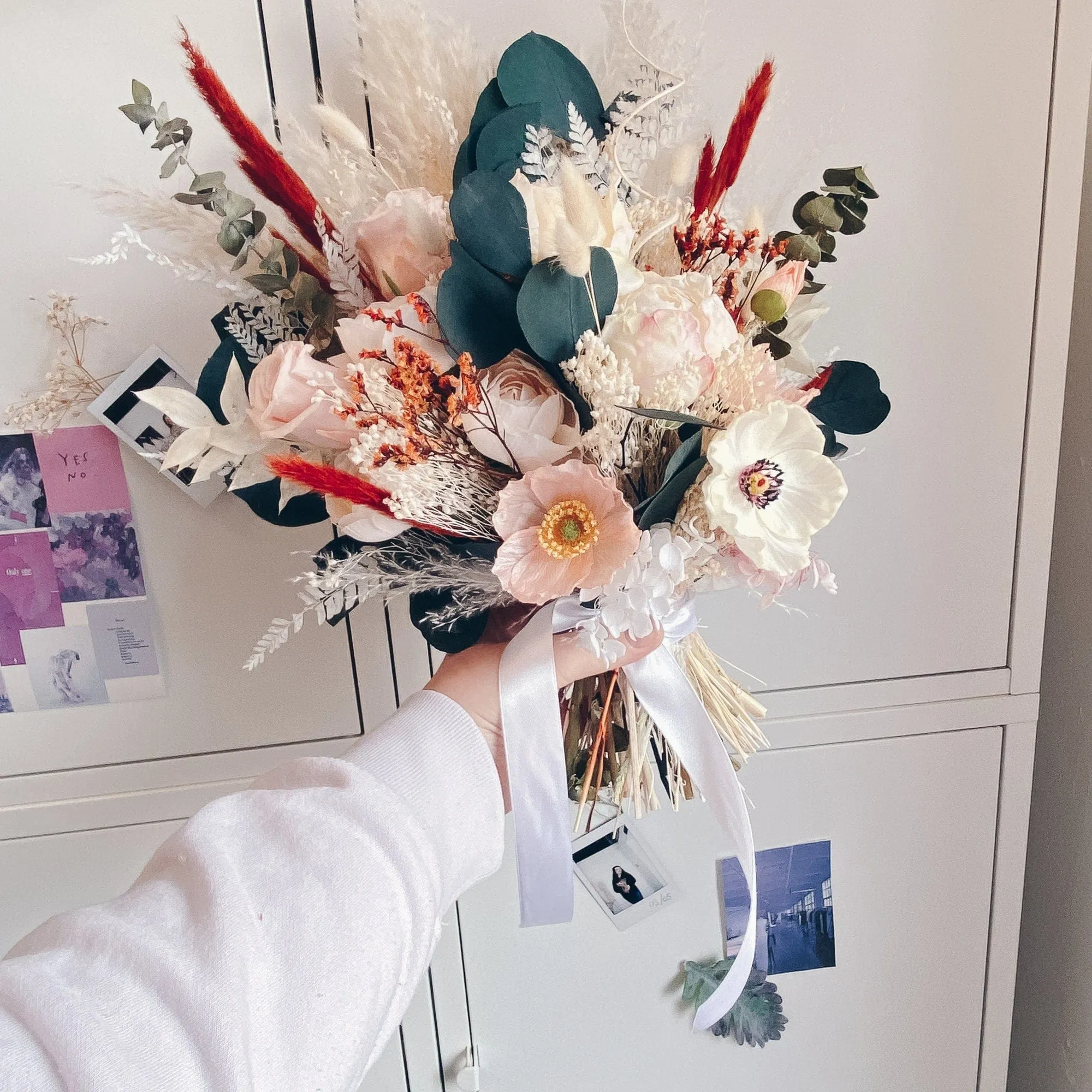 Peach & White Anemones and Dried Eucalyptus Bridal Bouquet / Boho Bouquet With Terracotta / Summer Bouquet / Winter Bouquet / Spring Bouquet