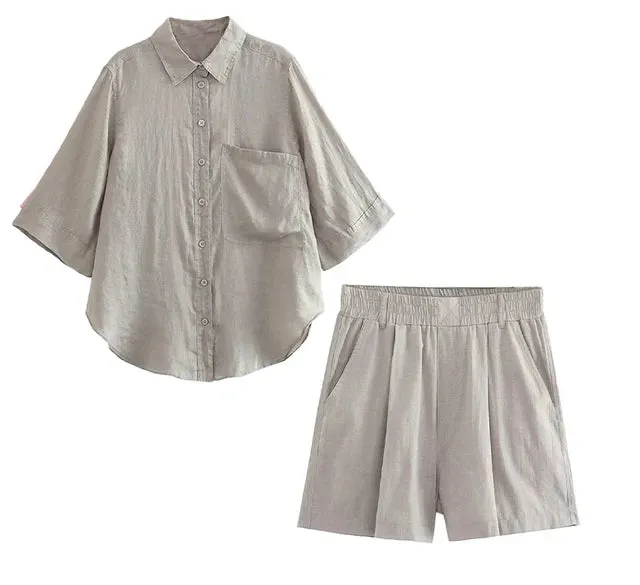 Pre Order:  Cotton Linen Shirt Shorts Set