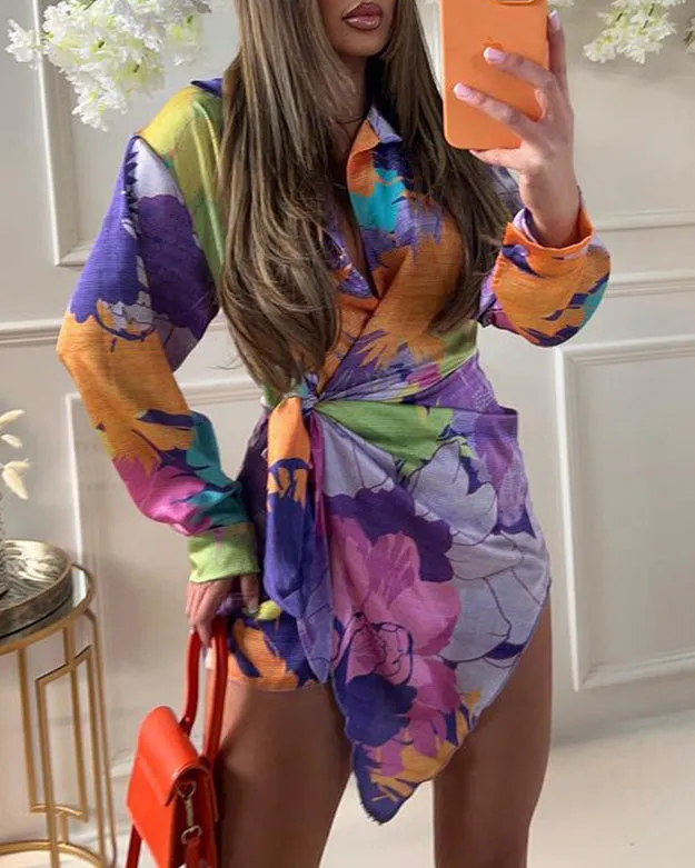 Printed Lace-Up Casual Single-Breasted Shirt Dress