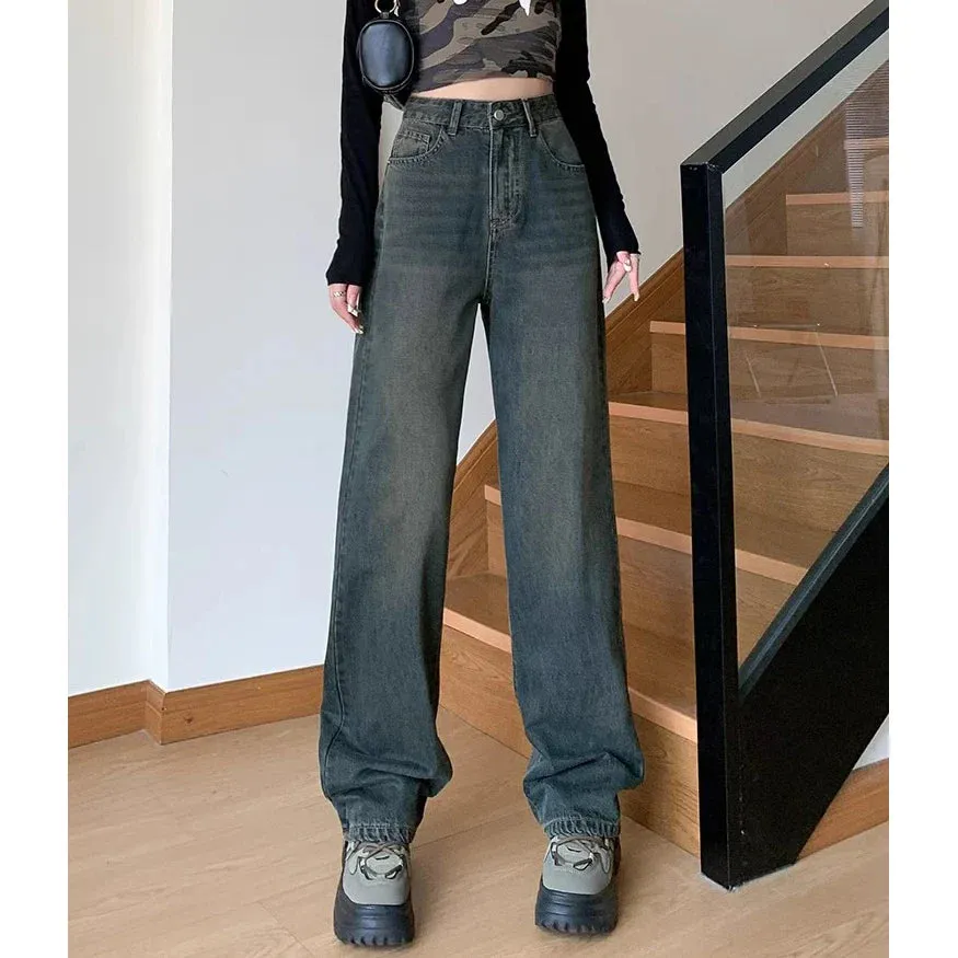 Retro Cement Wide-Leg Female 2024 New High-Waisted Thin Loose Straight Drag Jeans