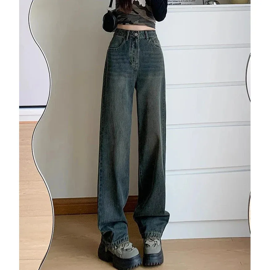 Retro Cement Wide-Leg Female 2024 New High-Waisted Thin Loose Straight Drag Jeans