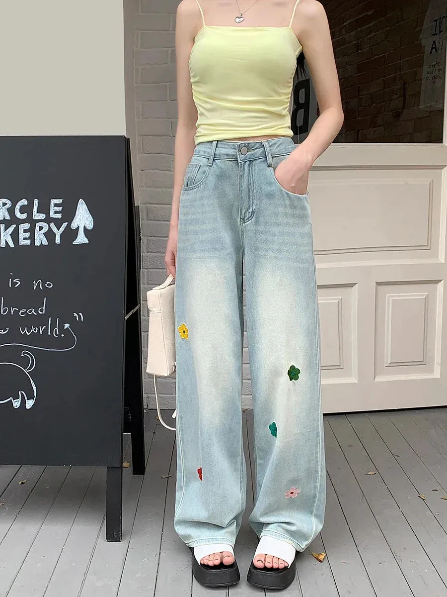 Retro High Waist Loose Wide-leg Jeans with Embroidered Flowers