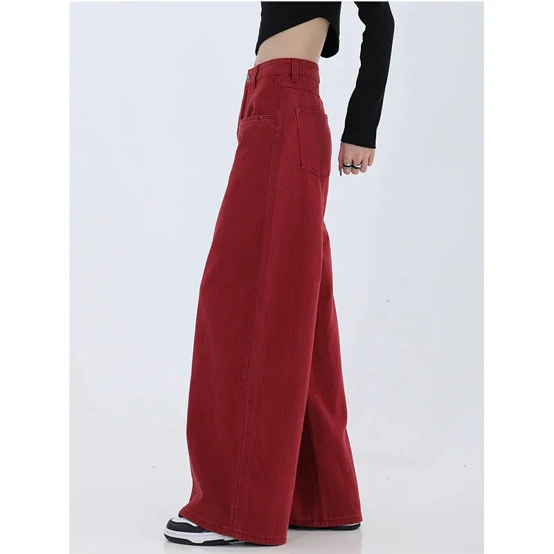 Retro Red High Waist Wide Leg Denim Pants