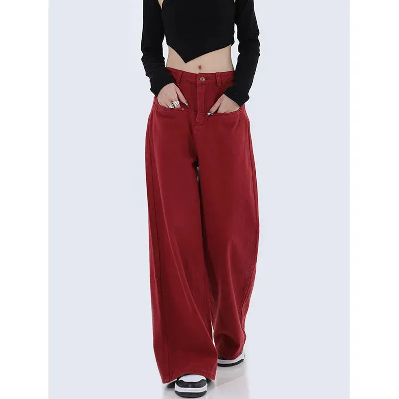 Retro Red High Waist Wide Leg Denim Pants