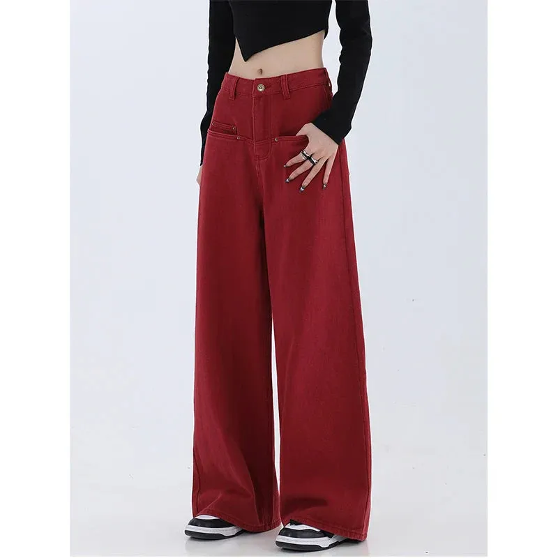 Retro Red High Waist Wide Leg Denim Pants