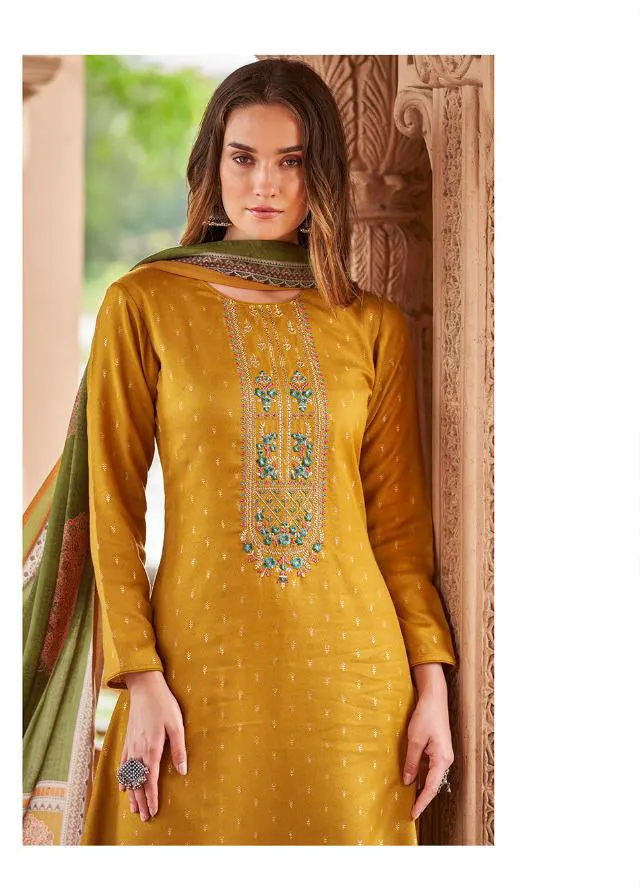 Sadhana Yellow Pashmina Unstitched Winter Suits for Ladies