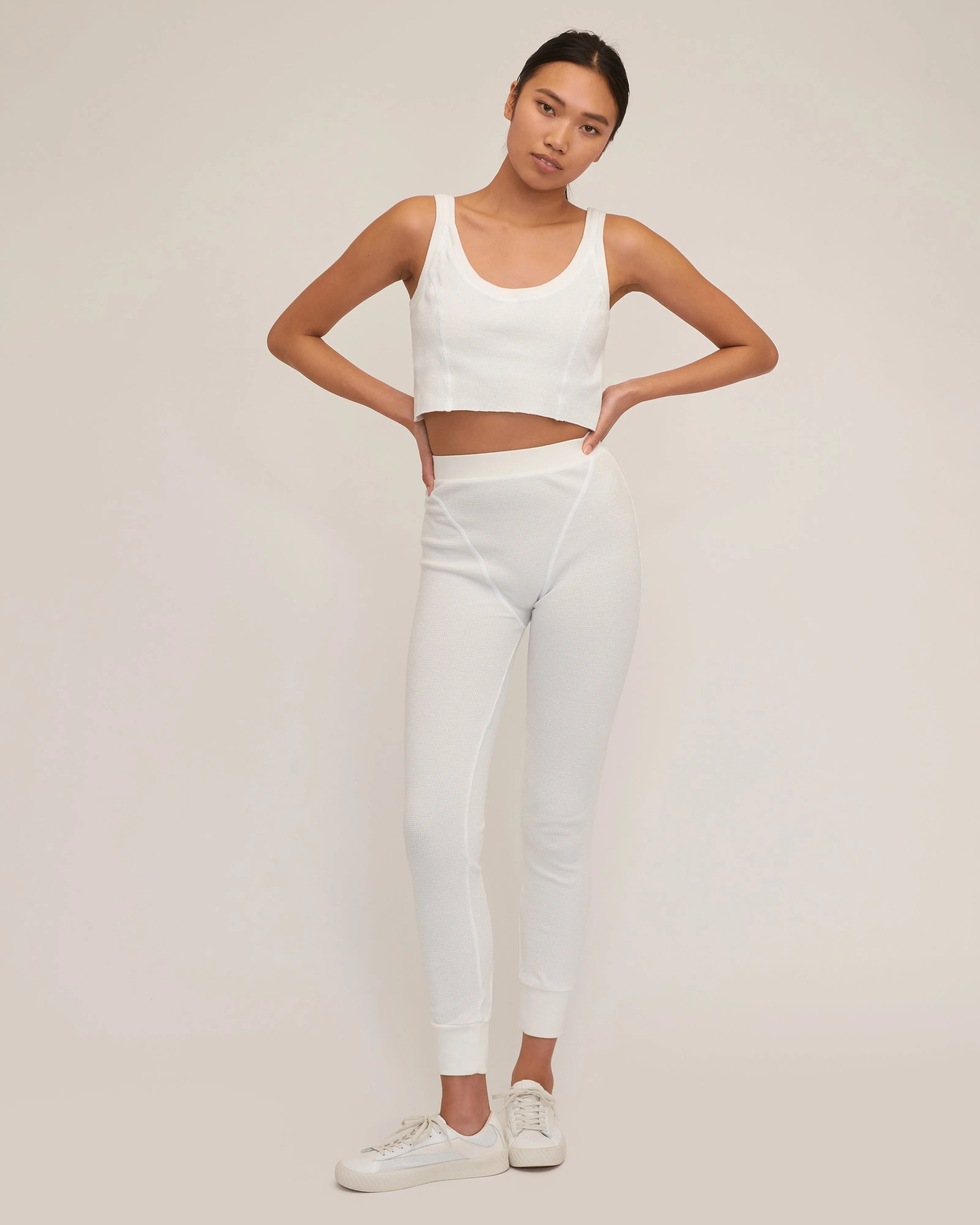 Stretch Waffle Beau Seamed Cropped Tank in Off White