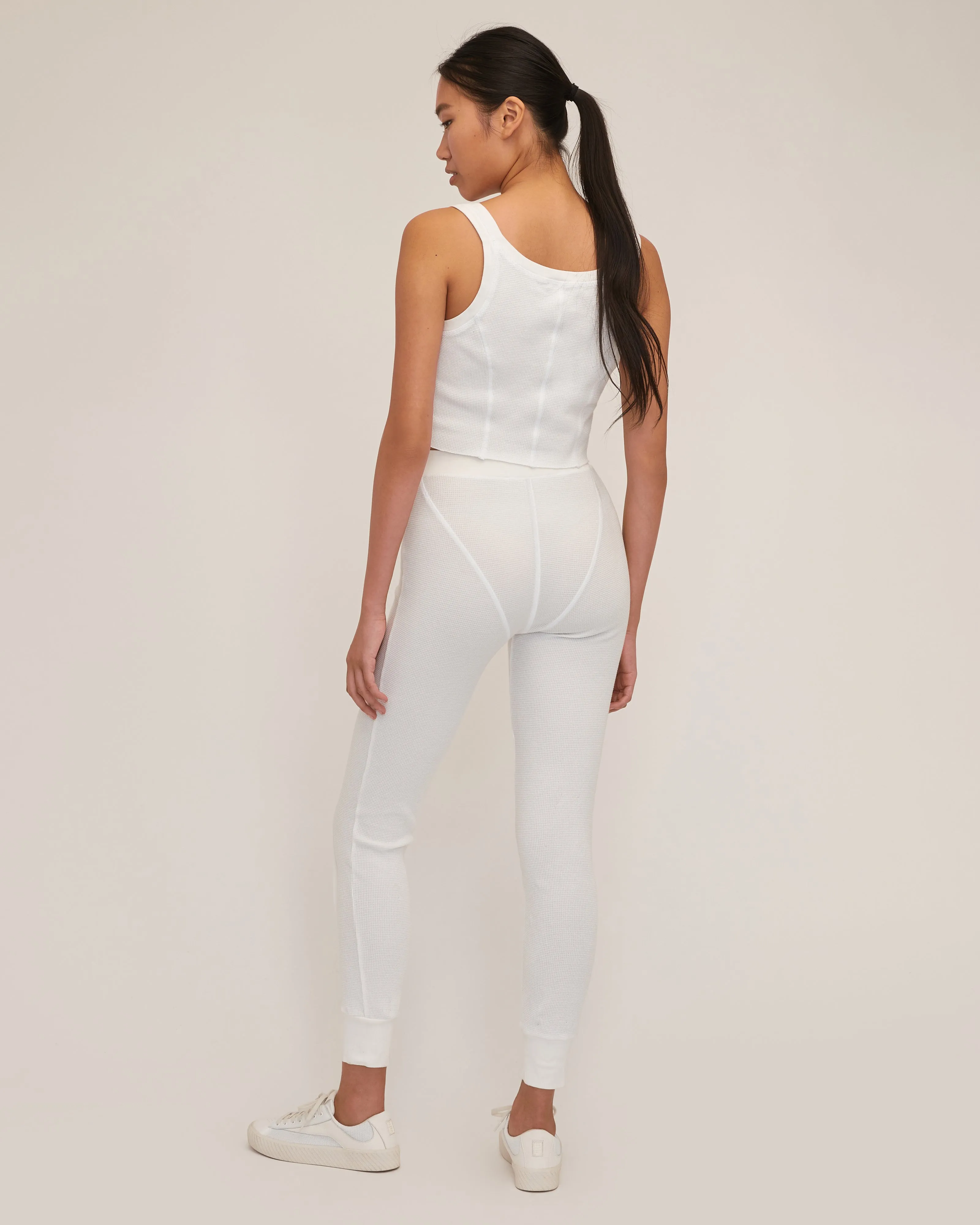 Stretch Waffle Beau Seamed Cropped Tank in Off White