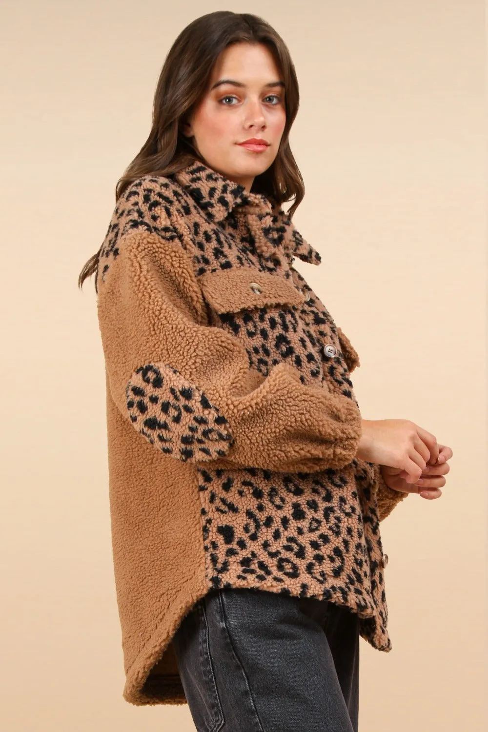 VERY J Fuzzy Leopard Button Down Long Sleeve Jacket